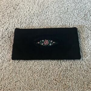 Vintage Embroidered Floral Black Small Clutch Zipper Pouch Rockabilly